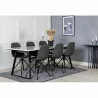 Matgrupp, matbord Estelle 200x90cm, vit marmor/svart + 6 st matstol Polar, svart konstläder/svart