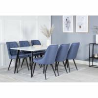 Matgrupp, matbord Polar 180x90cm, vit/svart + 6 st matstol Velvet Deluxe, blå/svart
