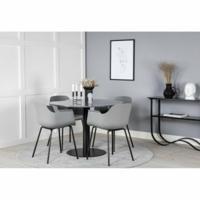 Matgrupp – Matbord Estelle ø 106 cm, mörk marmor/svart + 4 st Matstol Comfort, grå/svart
